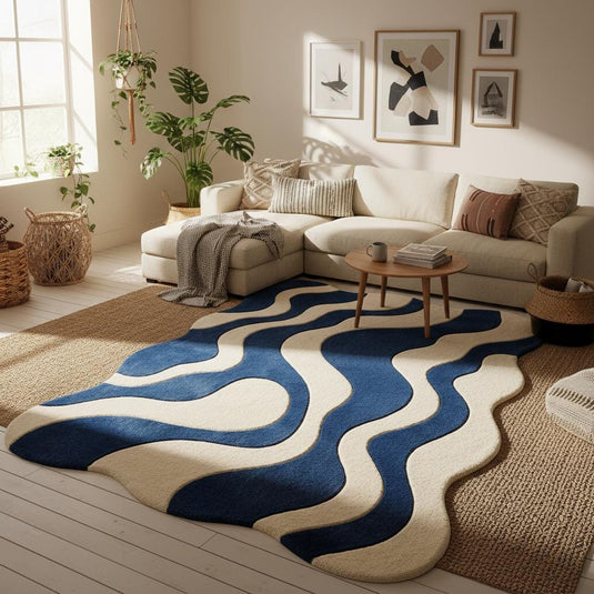 Translation missing: es.Blue cream wavy modern rug with abstract retro wave pattern and plush texture