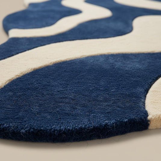 Translation missing: es.Blue cream wavy modern rug with abstract retro wave pattern and plush texture
