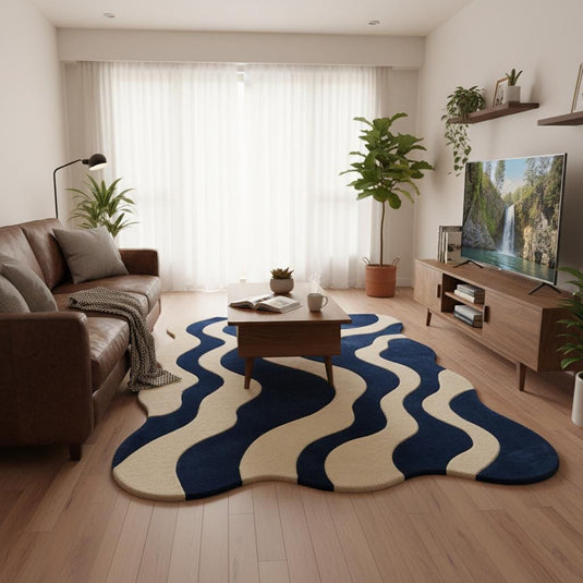 Translation missing: es.Blue cream wavy modern rug with abstract retro wave pattern and plush texture