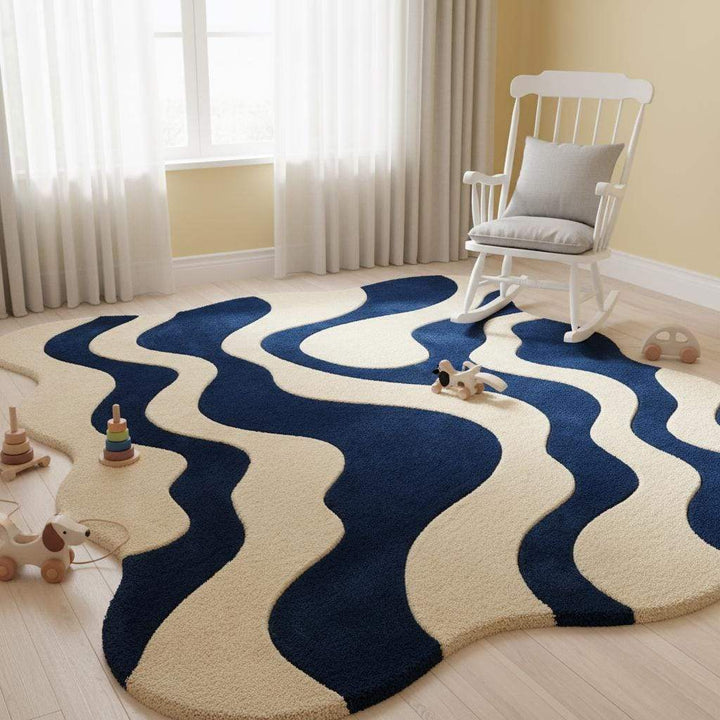 Translation missing: en.Wavy modern rug with blue cream abstract retro wave pattern and plush texture