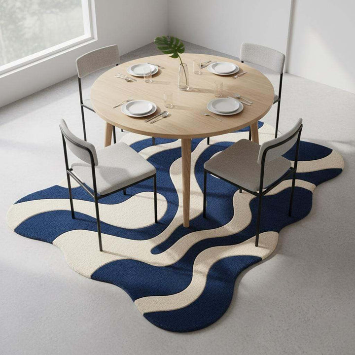Translation missing: en.Blue cream wavy modern rug with abstract retro wave pattern and plush texture
