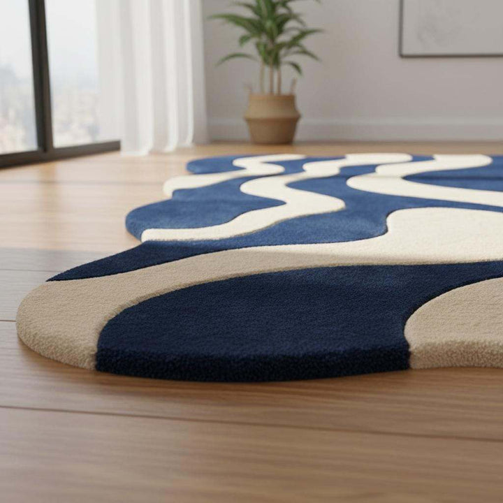 Translation missing: en.Blue cream wavy modern rug with abstract retro wave pattern and plush texture