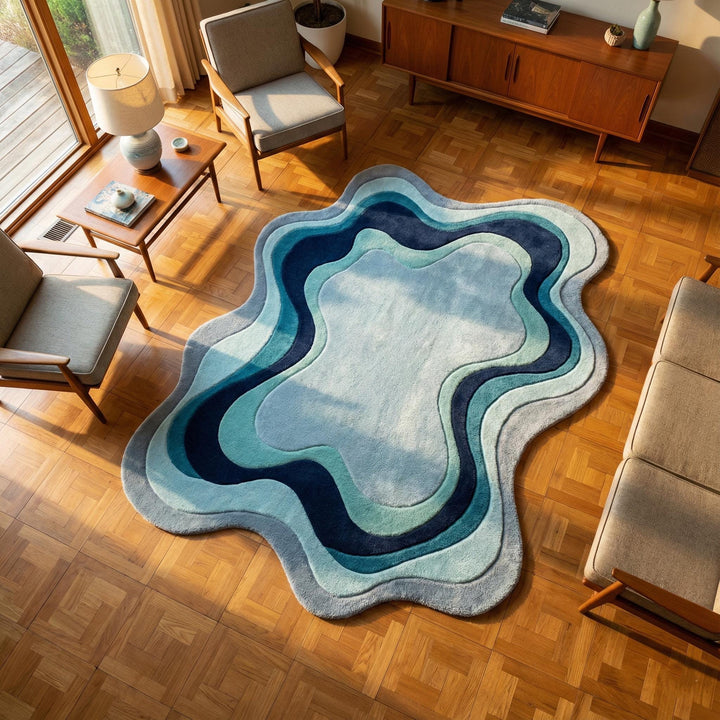 Translation missing: es.Irregular shaped wavy abstract rug in blue and aqua tones with a modern, fluid design