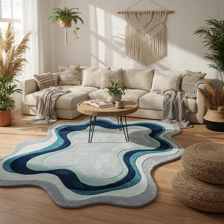 Translation missing: es.Modern wavy area rug with irregular contour edges showcased in a minimalist living room with retro-inspired furniture