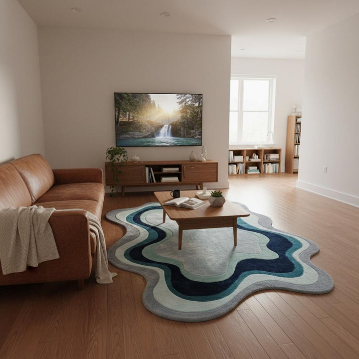 Translation missing: es.Mid century modern room featuring a unique fluid-shaped rug in aqua, navy, and sky-blue tones on parquet floors