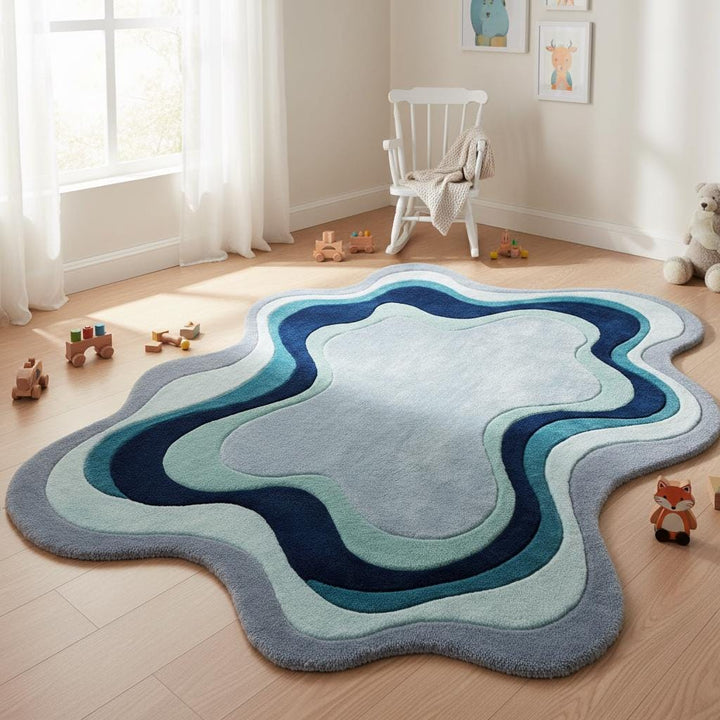 Translation missing: es.Blue abstract accent rug with soft gradient waves, enhancing a stylish sitting area with natural sunlight