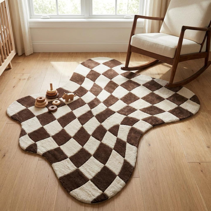 Translation missing: es.Wavy Checkerboard Handmade Wool Rug, Modern Abstract Area Rug for Bedroom &amp; Studio Spaces __etsy:8074304165