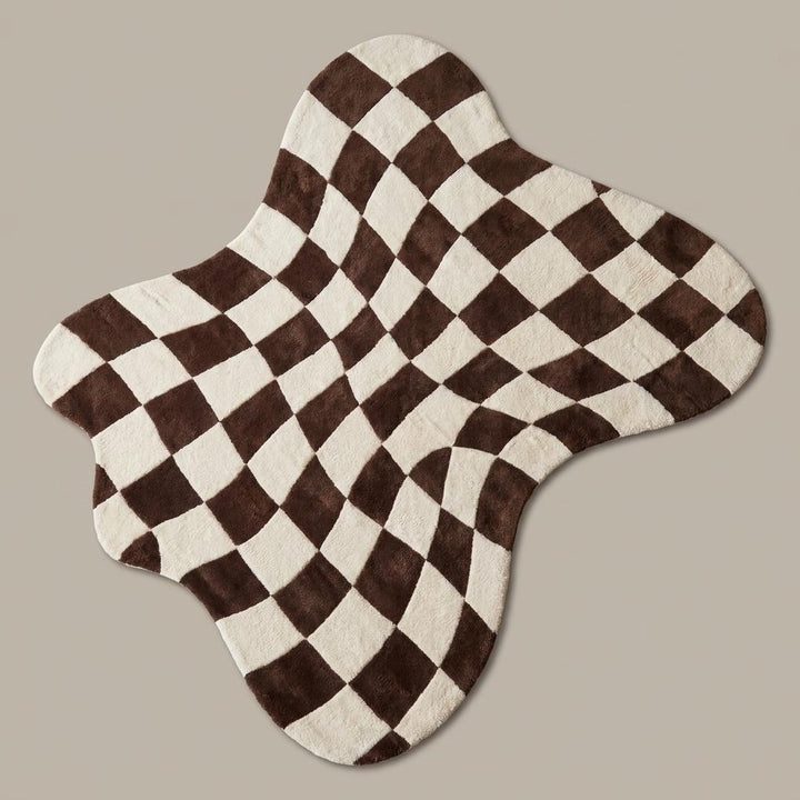 Translation missing: es.Organic modern area rug with flowing checkerboard design placed in a contemporary living room with warm neutral décor __etsy:8026390116
