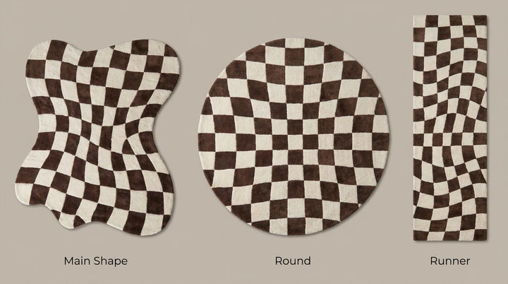 Translation missing: es.Handmade rug available in rectangle, round, and runner hallway styles featuring artistic wavy checkerboard patterns __etsy:8074304043