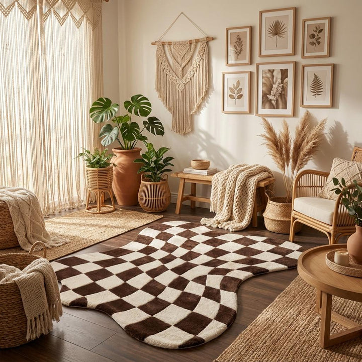 Translation missing: es.Contemporary wool area rug with curved edges and geometric checker design for cozy Scandinavian-inspired interiors __etsy:8074304055