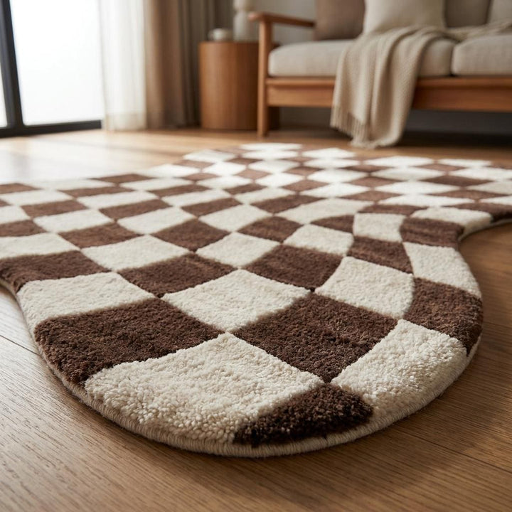Translation missing: es.Modern brown and ivory tufted rug styled beside a boucle accent chair in a warm organic interior setting __etsy:8026390144