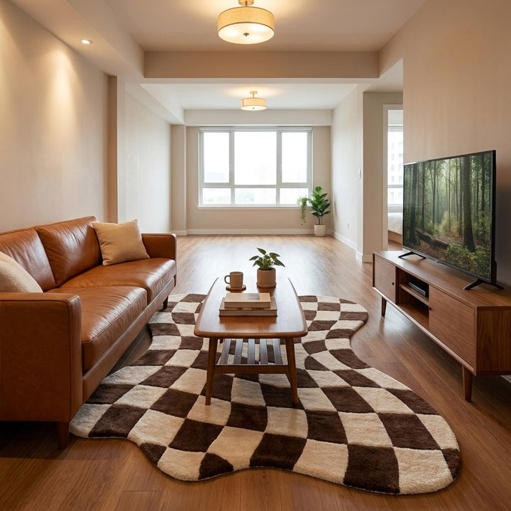 Translation missing: es.Artistic handmade wool rug with abstract checker pattern designed for bedrooms, studios, and modern living spaces __etsy:8026390146