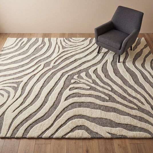 Translation missing: es.Hand tufted wool modern abstract zebra pattern area rug with high-low texture in neutral tones