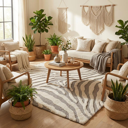 Translation missing: es.Contemporary 8x10 textured wool rug featuring organic zebra inspired lines and dimensional pile