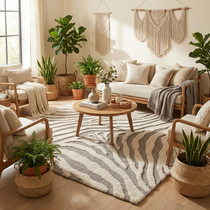 Translation missing: es.Contemporary 8x10 textured wool rug featuring organic zebra inspired lines and dimensional pile