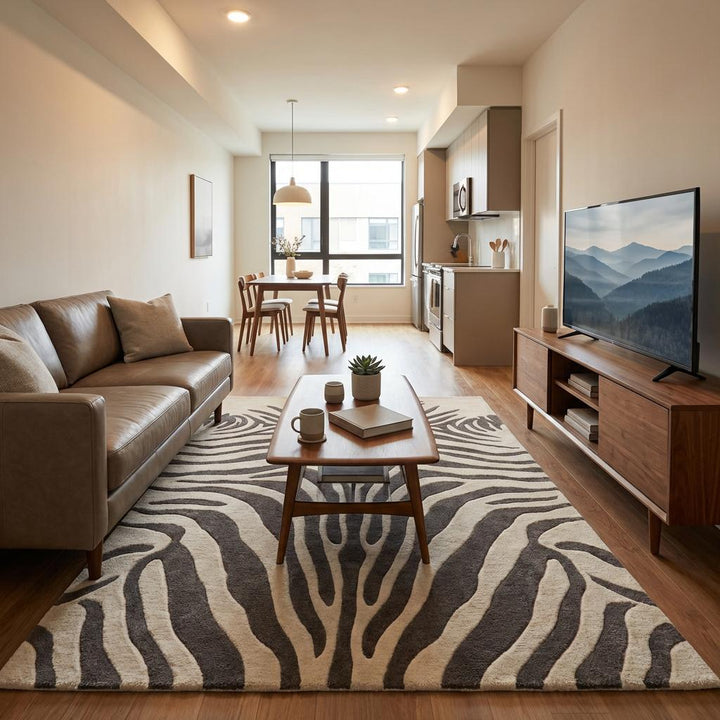 Translation missing: es.Zebra Print Hand Tufted Wool Rug, Modern Ivory Charcoal Area Rug for Living Room Bedroom, Bold Animal Pattern Floor Carpet