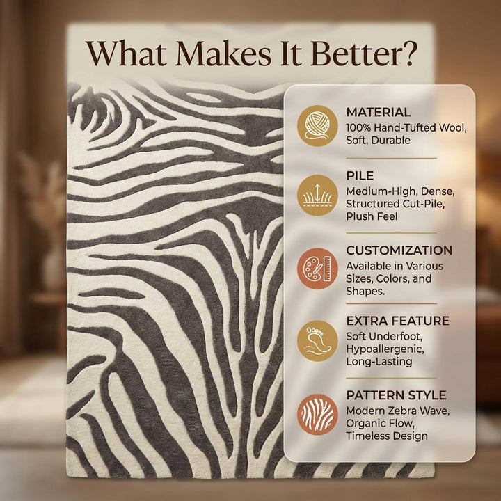 Translation missing: es.Zebra Print Hand Tufted Wool Rug, Modern Ivory Charcoal Area Rug for Living Room Bedroom, Bold Animal Pattern Floor Carpet