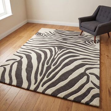Translation missing: es.Zebra print hand tufted wool rug with ivory and charcoal bold animal pattern for modern living room and bedroom decor