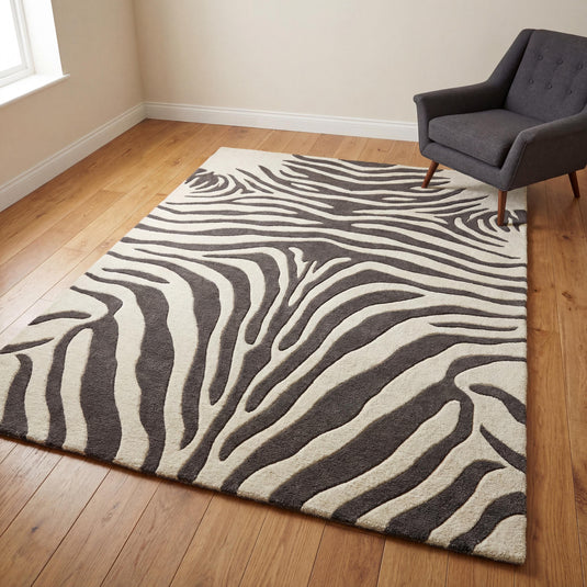 Translation missing: es.Zebra print hand tufted wool rug with ivory and charcoal bold animal pattern for modern living room and bedroom decor