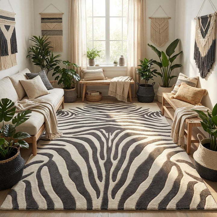 Translation missing: es.Contemporary ivory and gray zebra area rug with sculpted pattern adding contrast to neutral modern interior