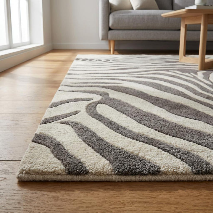 Translation missing: es.Black and white style zebra wool carpet featuring dimensional carved stripes and soft medium pile height