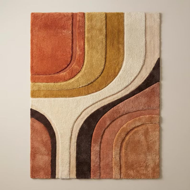 Translation missing: en.Mid Century Modern abstract hand-tufted area rug with terracotta, mustard, and cream geometric design