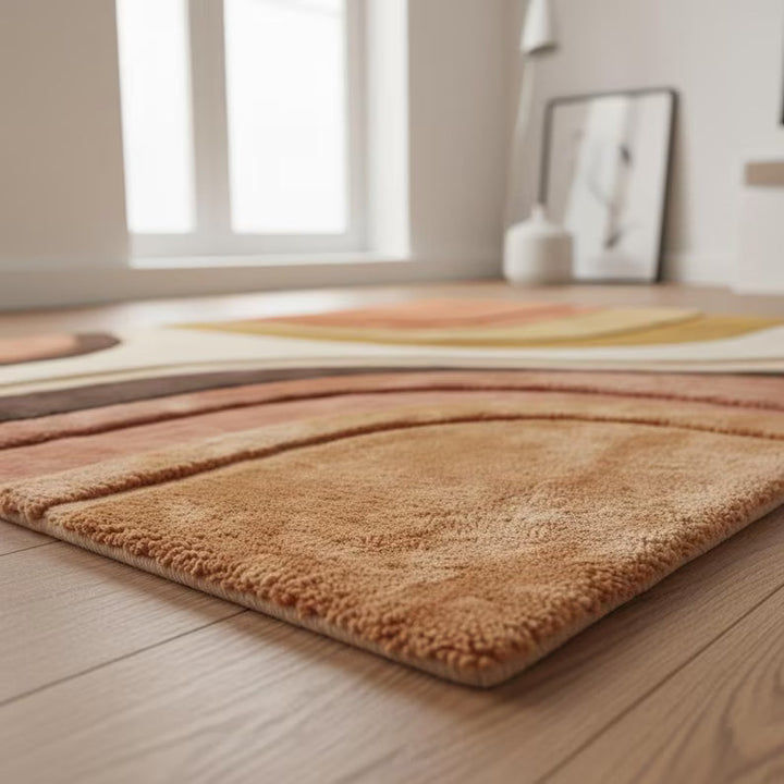 Translation missing: en.Mid Century Modern abstract hand-tufted area rug with terracotta, mustard, and cream geometric design