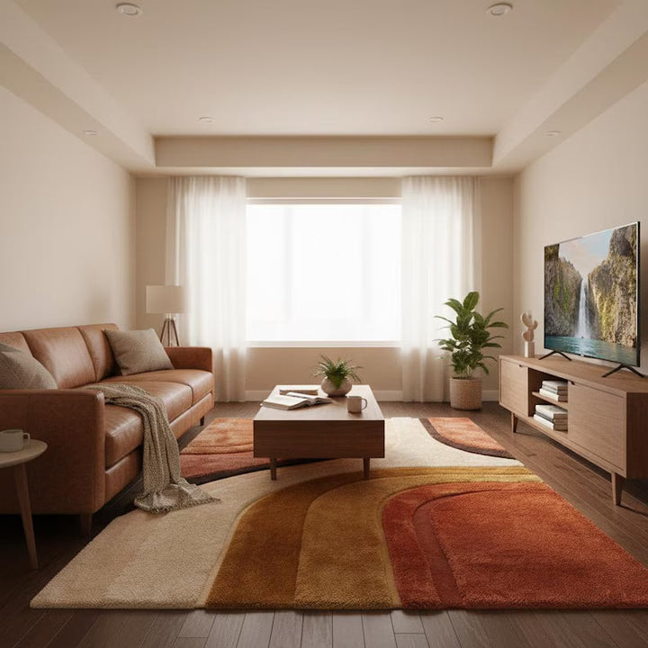 Translation missing: en.Mid Century Modern abstract area rug with terracotta, mustard, and cream geometric design, hand-tufted plush texture for retro living room decor