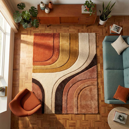 Translation missing: en.Mid century modern abstract hand-tufted area rug with terracotta, mustard, and cream geometric design