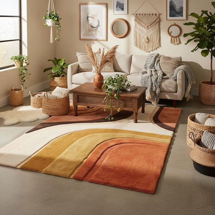 Translation missing: en.Mid century modern abstract area rug with hand-tufted plush geometric design in terracotta, mustard, and cream colors