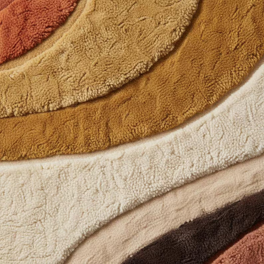 Translation missing: en.Mid century modern hand-tufted abstract area rug in terracotta, mustard, and cream with geometric patterns