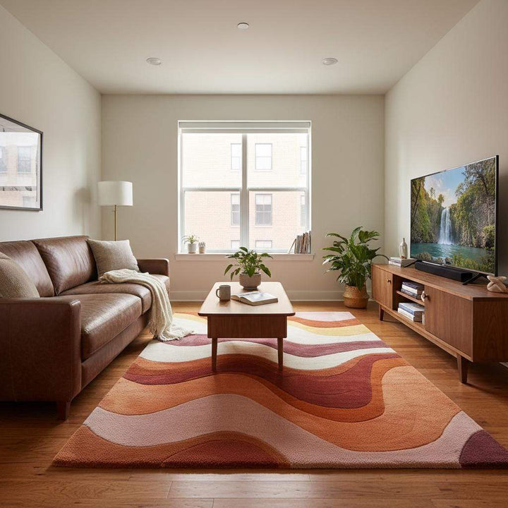Translation missing: es.Mid century modern living room featuring a 70s groovy rug with pink, orange, and magenta wave designs