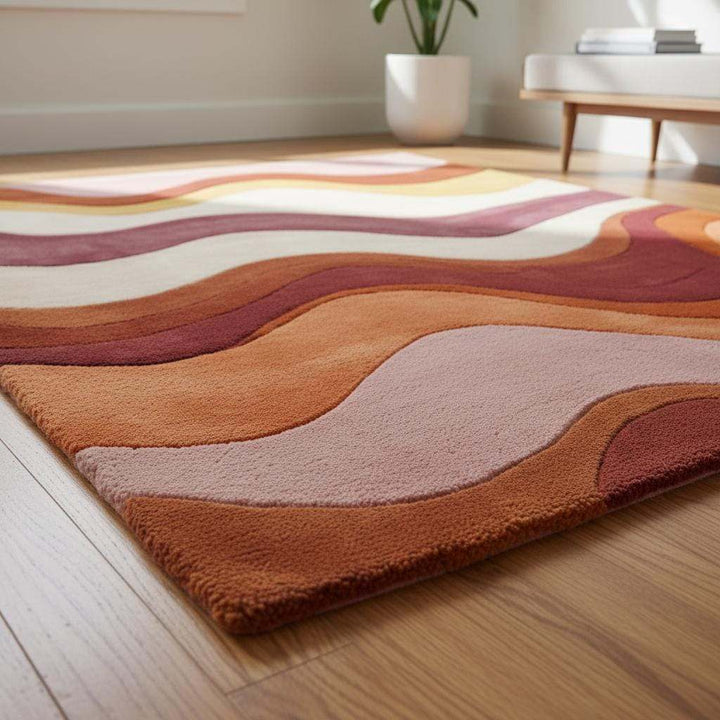 Translation missing: es.Soft boho retro rug with flowing warm-toned waves beneath a coffee table and gold velvet couch