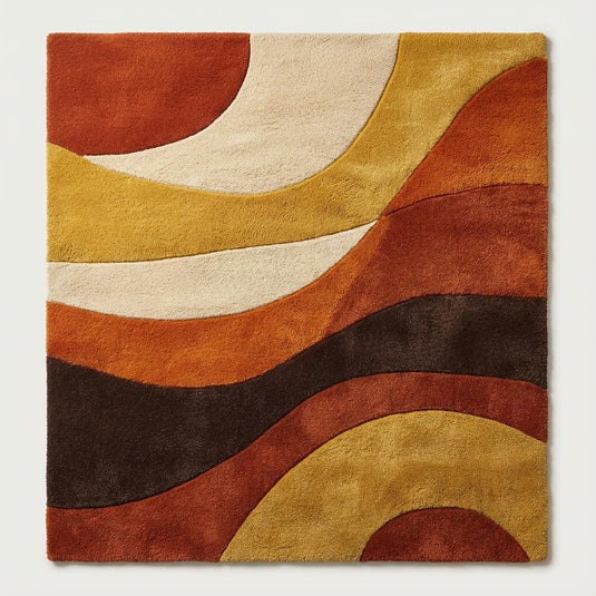 Translation missing: en.Abstract geometric tufted rug with warm vintage colors on hardwood flooring beside a mustard accent chair