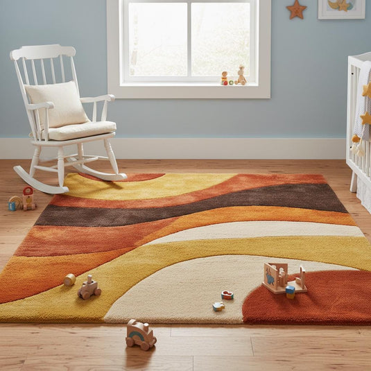 Translation missing: en.Groovy 1970s inspired area rug adding warm color blocks to a cozy boho living space with natural light