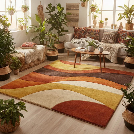 Translation missing: en.Mid-century modern carpet featuring curved retro shapes in earthy tones styled with teak furniture and indoor plants