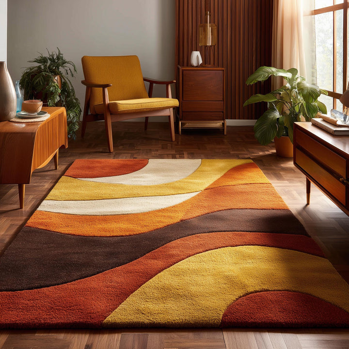 Translation missing: en.Mid century modern rug with groovy abstract retro patterns in warm mustard, orange, cream, and brown colors, tufted vintage carpet for cozy mid-century decor