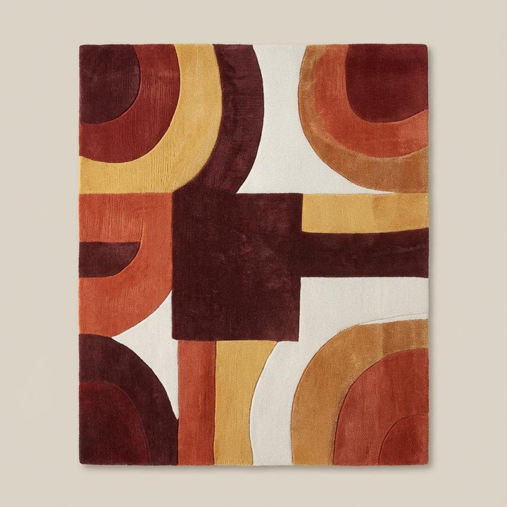 Translation missing: en.Mid century modern rug with warm terracotta and mustard geometric design in living room