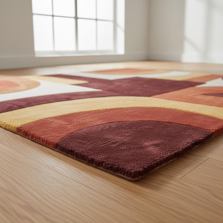 Translation missing: en.Mid century modern rug with geometric terracotta and mustard tones in living room setting