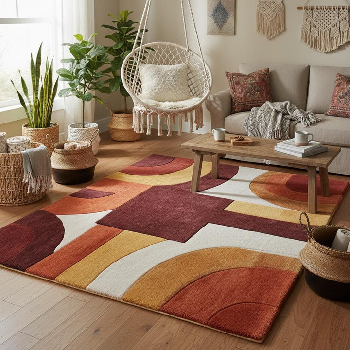 Translation missing: en.Mid century modern rug with geometric design in warm terracotta and mustard tones