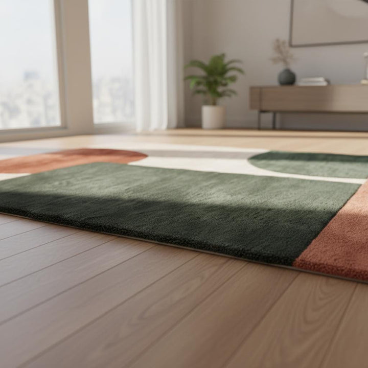 Translation missing: en.Modern geometric rug in terracotta, green, and cream with plush wool tufted texture for living rooms