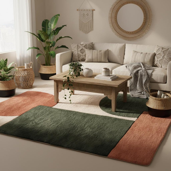 Translation missing: en.Earthy modern area rug on light wood flooring, adding warmth and style to a bright open-concept home interior