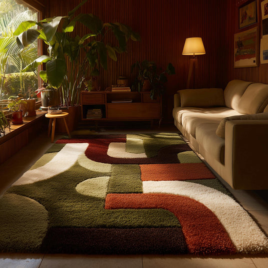 Translation missing: en.Mid century shag rug with plush high pile and earth tone geometric abstract design