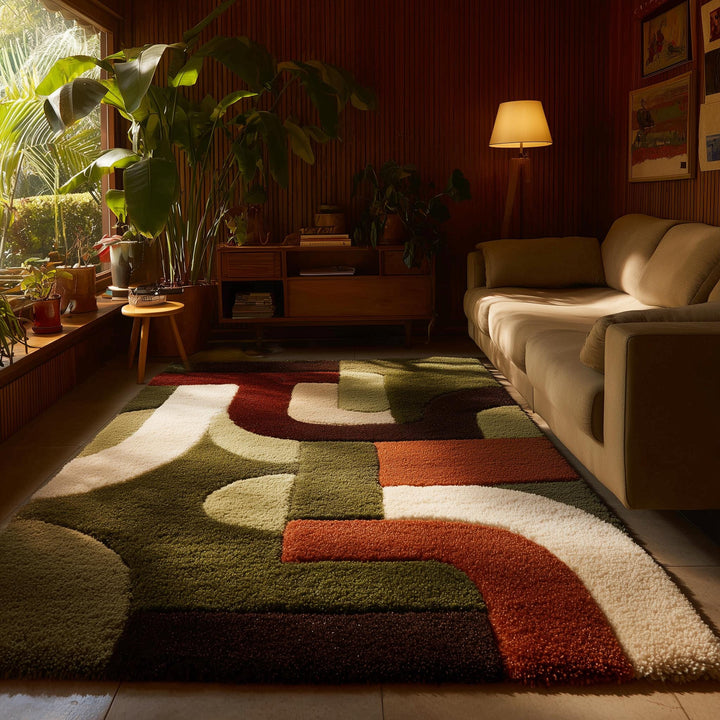 Translation missing: en.Mid century shag rug with plush high pile and earth tone geometric abstract design