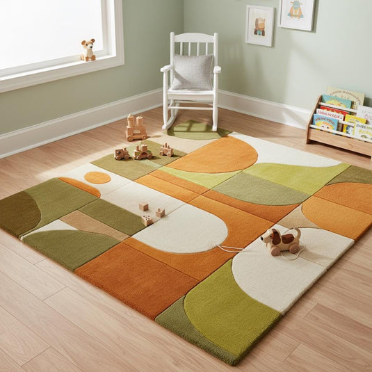 Translation missing: en.Colorful retro area rug featuring 70s inspired shapes and tones, adding warmth and style to a modern boho interior