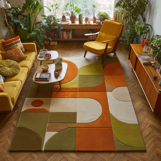 Translation missing: en.Mid century modern rug with warm orange and olive geometric abstract pattern, plush pile, durable synthetic fibers, and fade-resistant colors