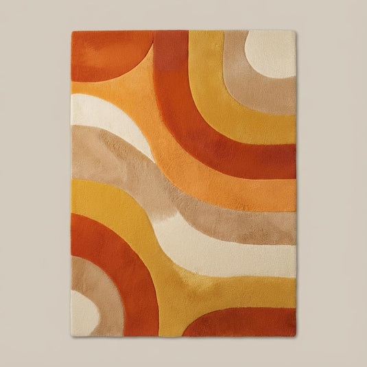 Translation missing: es.70s inspired orange and yellow area rug with groovy curved design placed beneath a vintage armchair and surrounded by houseplants