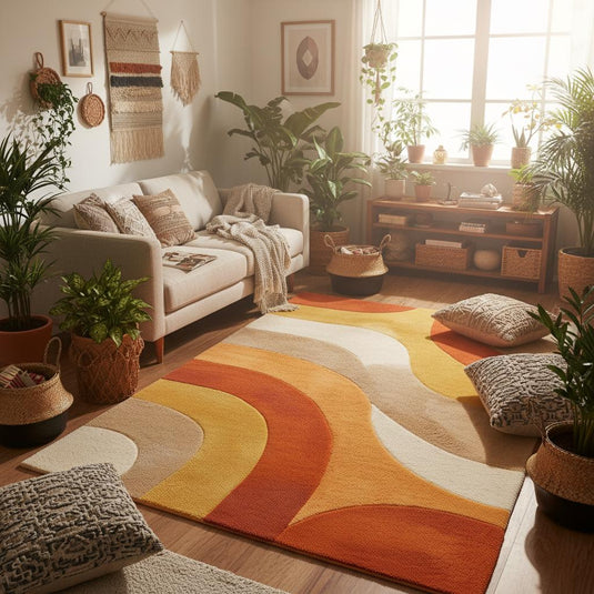 Translation missing: es.Warm boho modern carpet featuring bold retro waves in orange and mustard tones on a wooden parquet floor