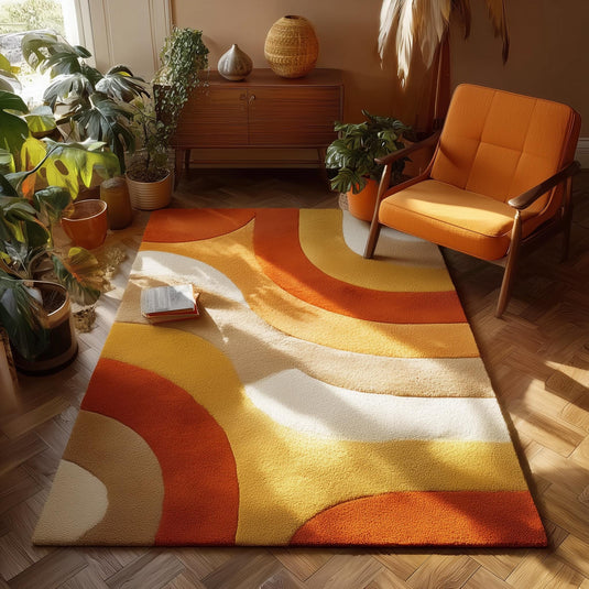 Translation missing: es.Handcrafted retro 70s area rug with curved color block waves in mustard yellow and orange, plush non-slip backing floor rug for mid century modern boho décor