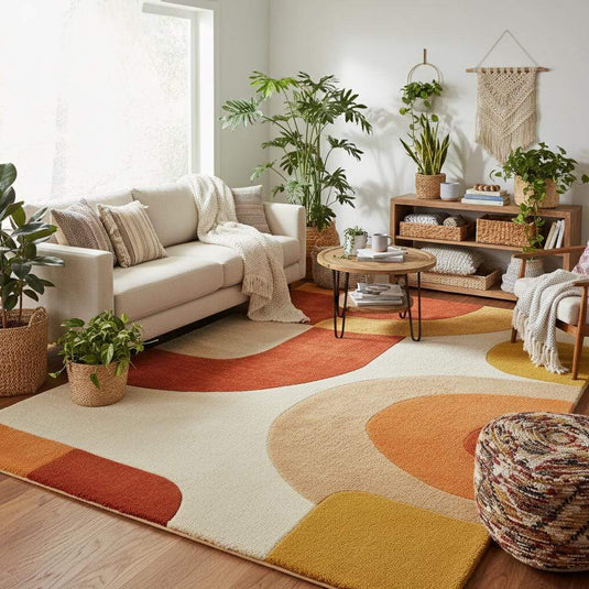 Translation missing: es.Colorful retro carpet with soft plush texture and bold geometric pattern in a cozy sunlit living room décor setup